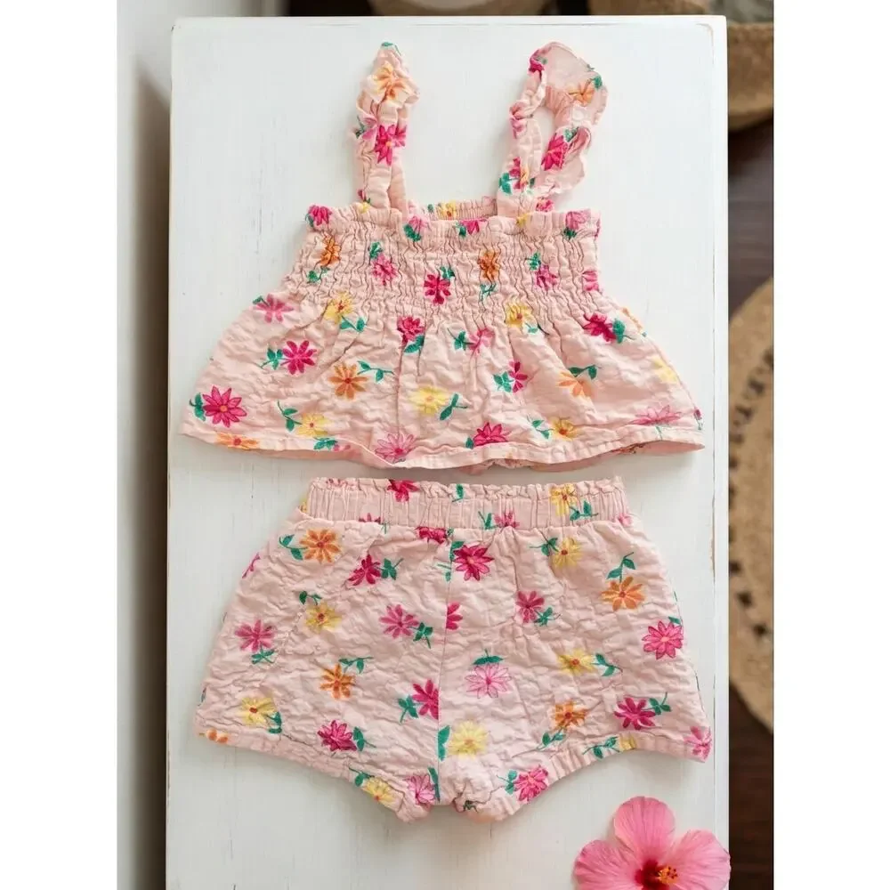 BTween Toddler Girls Pink Floral Smocked Cami Top & Ruffle Shorts Set 3T
